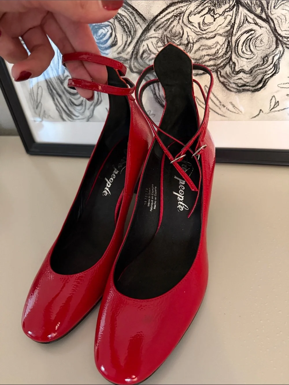 Free people Red Patent Low Block Heel Pumps with Ankle Strap - Women